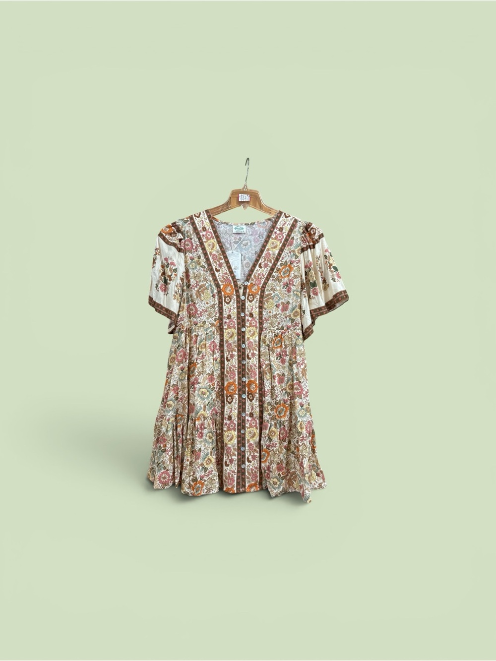 Anthropologie Floral Boho Mini Dress in Cream, Brown, Orange, Pink